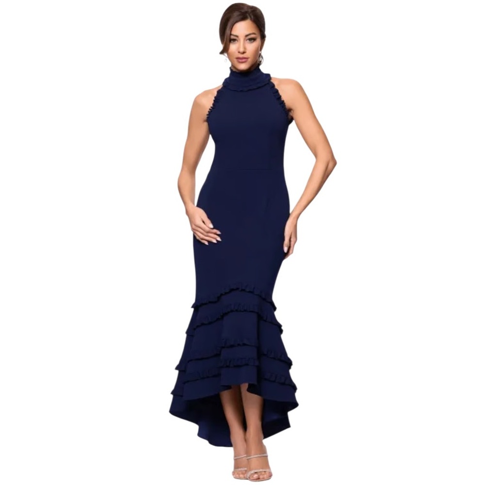 XSCAPE Women's Ruffled Mock Neck Sleeveless Midi Navy Blue Dress